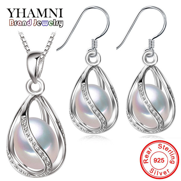 YHAMNI Natural Pearl Jewelry Sets 925 Sterling Silver Water Drop Earrings Necklace Sets for Women Bridal Wedding Jewelry TZ0110