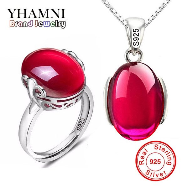 YHAMNI Fashion Big Natural Ruby Ring Necklace Sets Pure 925 Solid Silver Red Gem Bridal Jewelry Sets for Women AS001