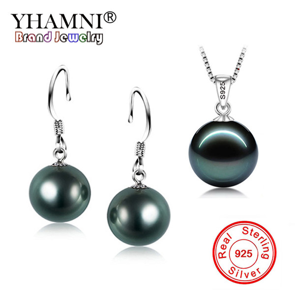 YHAMNI Fashion Real 925 Sterling Silver Natural Black Pearl Pendant Necklace Earrings Set Wedding Jewelry Sets for Women TZH001