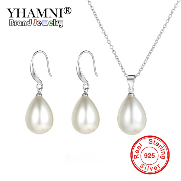 YHAMNI Fashion Pearl Jewelry Sets 925 Sterling Silver Pendant Necklace Sets for Women Bridal Wedding Water Drop Earrings SE1000