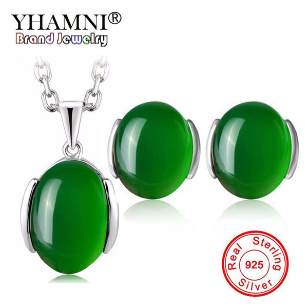 YHAMNI Luxury 3 Carat Natural Stone Collar Aretes Sets Original 925 Solid Silver Green Gem Bridal Bijoux Set for Women TZ005