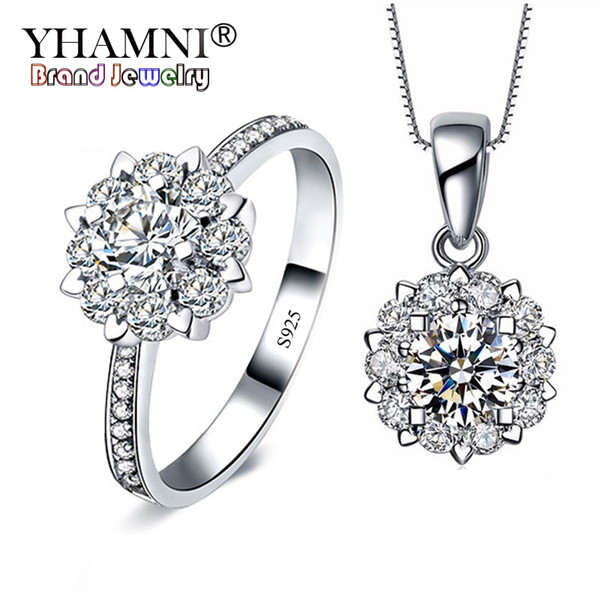 YHAMNI Solid 925 Sterling Silver Flower Jewelry Bride Sets Snowflake CZ Ring Collier Wedding Jewelry Accesorios Sets for Women TR000