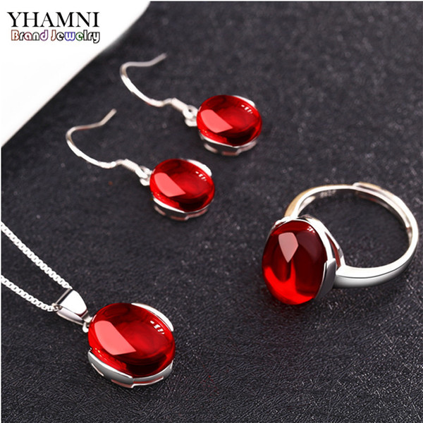 YHAMNI Original Luxury Natural Red&Green Gem Women Jewelry Sets 925 Sterling Silver Wedding Ring Necklace Earrings Sets S042