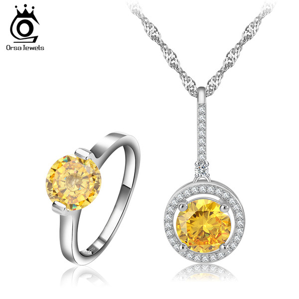 New Arrival Platinum Plated Big Round Yellow Zircon Necklace Ring Sets Fashion Engagement Jewelry Set for Women OS62