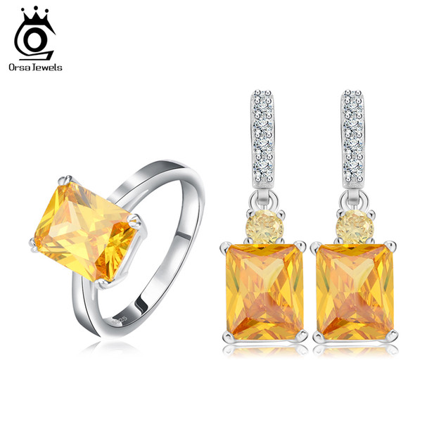 Choosing Ring Size Jewelry Sets for Women Square Shape Yellow Cubic Zircon Ring&Earrings Jewelry Sets Wholesale OS69