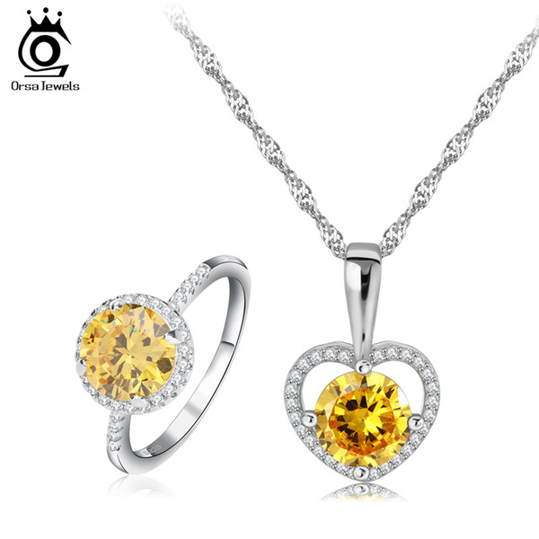 New Wedding Jewelry Sets for Brides White Gold Plated Shining Yellow Zircon Ring Necklace Bridal Jewelry Set OS64