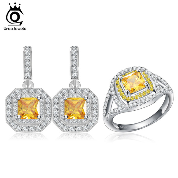 Elegant Luxury Design Fashion Platinum Plated Yellow Austrian Zircon Ring/Earrings Jewelry Sets for Women Wedding OS60