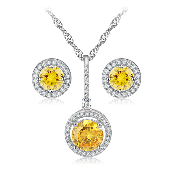 Hot Sale Items Combining a Bridal Jewelry Sets for Women Yellow Round Zircon Necklace Earrings Stud Set for Party OS76