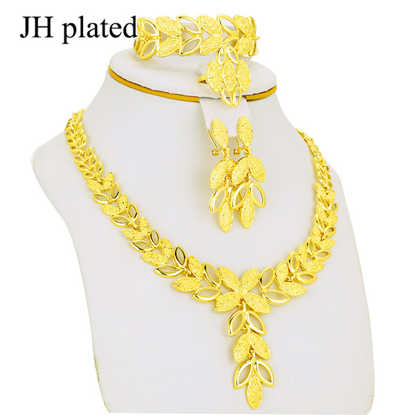 JHplated Fashion Jewelry Set Necklace Earring Ring Bracelet Leaf design Gold Color Gifts for Women/girl in the Middle East of Africa