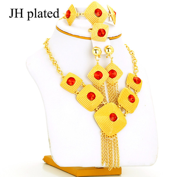 JHplated Ethiopia, Africa, Nigeria Memorial Day gift square stone, red, black, white, With tassels fashion jewelry set