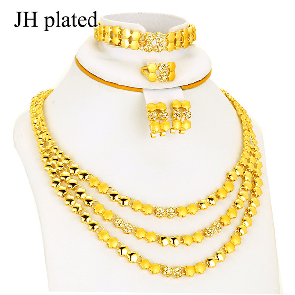 JHplated Three-row Hierarchical Design Golden Jewelry set Hot Sales in Nigeria, Africa for women/girl best gifts