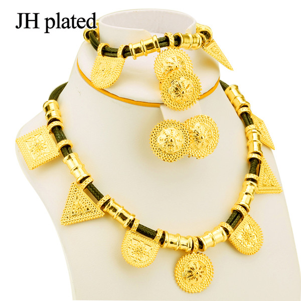 JHplated Hot-selling Black Rope Gold Jewelry Set Triangular circular square African fashion Nigerian Wedding Set Bride gifts