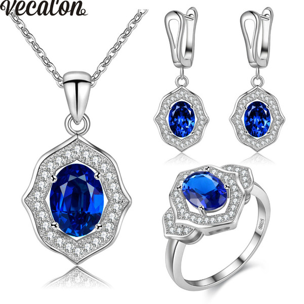 Vecalon Fashion 4 Colors Birthstone Jewelry Sets AAA Zircon Cz 925 sterling silver Necklace Earrings ring Jewelry set for women ring size 6-