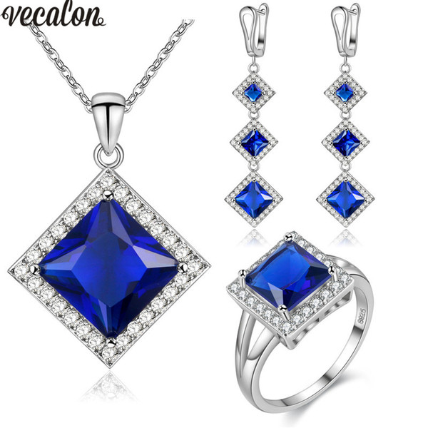 Vecalon Princess 4 Colors Birthstone Jewelry Sets AAA Zircon Cz 925 sterling silver Necklace Earrings ring Jewelry set for women ring size 6