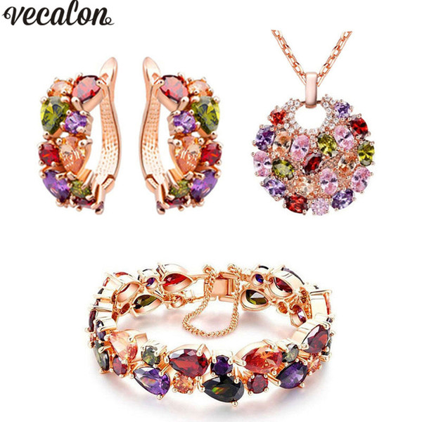 Vecalon Luxury Mona Lisa Style Mutil colors 5A Zircon Cz Rose Gold Filled Necklace Earringe Bracelet Jewelry set for women