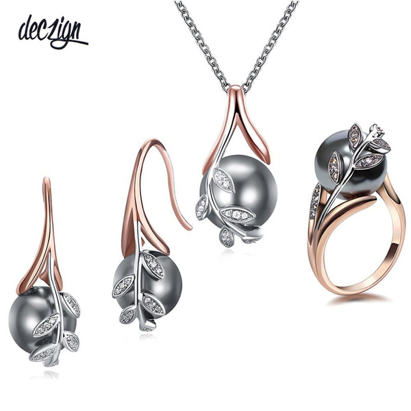 Deczign discount sale Pendant Necklace Earrings ring 3pcs sets Rose gold plate Grey Pearl & Cubic Zircon Trendy leaf Jewelry Set 11315+3745