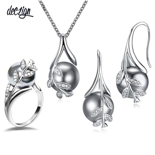 Deczign Nice Suspension Pendant earrings ring 3pcs sets Rhodium plate Grey pearl & cubic zircon Fashion leaf statement jewelry set 3745+6508