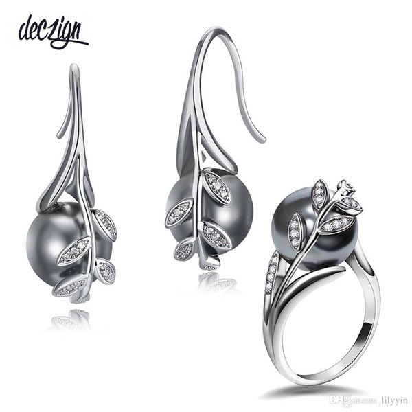 Deczign Dropshipping earring ring set White color Grey pearl crystal Wholesale trend leaf jewelry lots Dangling hook earring ring 3745+11315