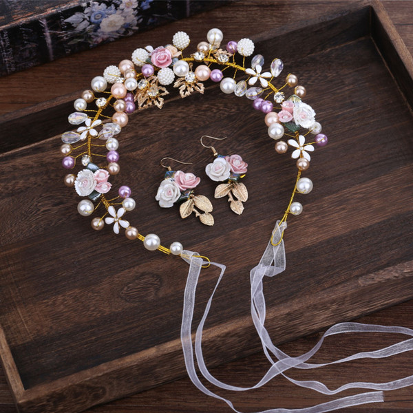 Handmade Weaving Color Imitation Pearl Headband Flower Drop Earrings Women Romantic Wedding Jewelry Sets Gold Plated Copper Wire Accessories