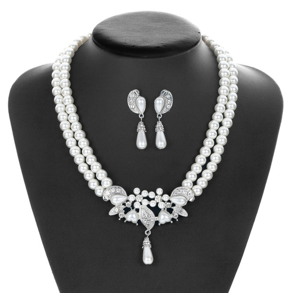 Romantic Bride Wedding Jewelry Set Imitation Pearl Necklace Earrings Pendant Simple Silver Plated Alloy Rhinestone Accessories Wholesale