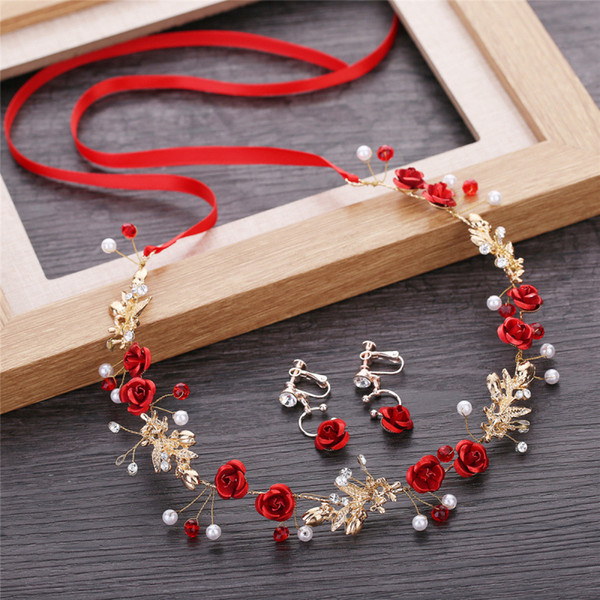 Handmade Red Rose Rhinestone Earring Headwear Suit Women Romantic Wedding Jewelry Sets Geometric Twist Copper Wire Imitation Pearl Hair Band