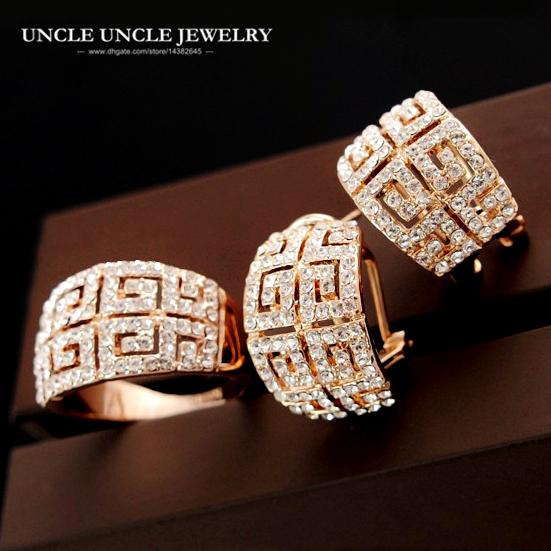 Beautiful Luxury Woman Jewelry Set Rose Gold Color Brand Retro Rome Style Zirconia Studded Paved G Design Earring/Ring Wholesale