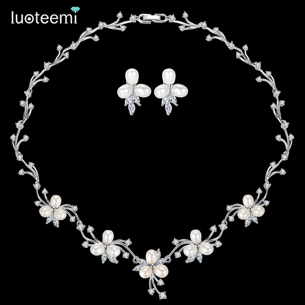 LUOTEEMI Luxury Freshwater Pearl Bridal Silver-Tone Flower Clear CZ Crystal Necklace Earrings Set For Women Anniversary Jewelry