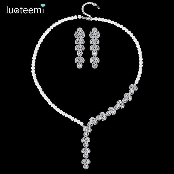 LUOTEEMI African Jewelry Set for Bride Imitation Pearls Beaded Statement Waterdrop Choker Necklace Earrings Sets Wedding Jewelry