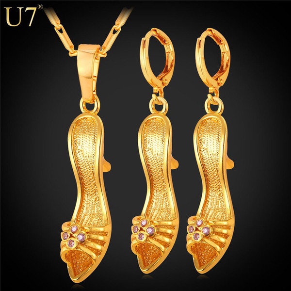 New New High Heel Shoe Pendant Crystal Gift For Women Party Gift 18K Real Gold Plated Necklace Earrings Set Jewelry Set S819