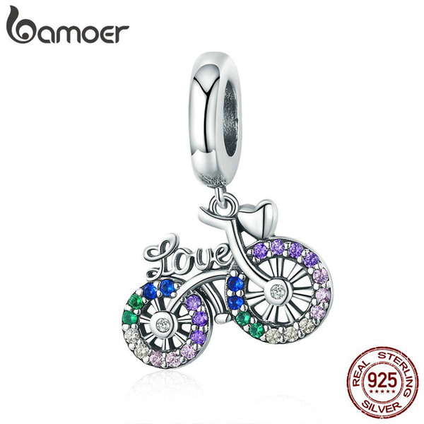 BAMOER 925 Sterling Silver Crystal Bike Bicycle Shape Pendant Charms fit Original Bracelets & Necklaces DIY Jewelry Gift SCC1082