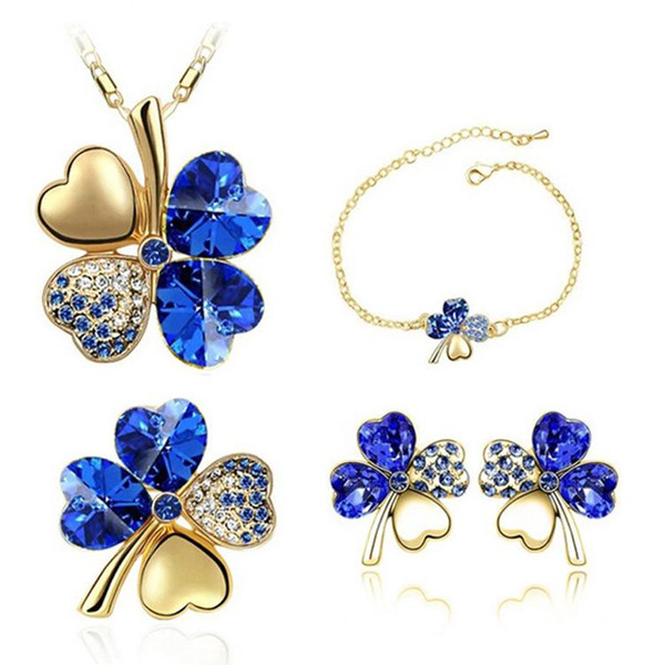 Austria Crystal Clover Necklace Earrings Bracelets Brooch Sets Fashion Leaf Shape Jewelry Cheap Jewelry Sets For Women 9554