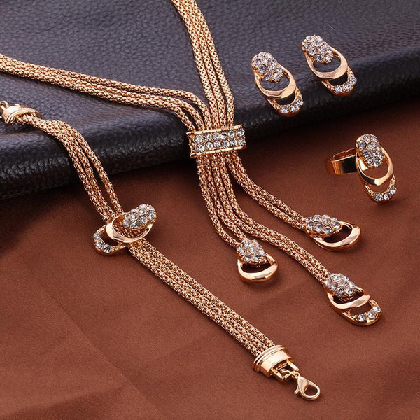 Crystal Tassels Pendants Necklaces Earrings Ring Bracelet Sets 4PCS Bride Wedding Jewelry Sets Accessories for Women Gifts NO BOX