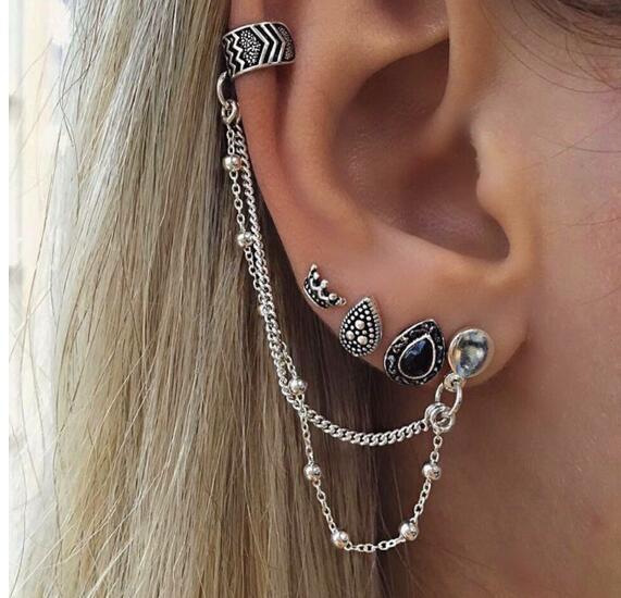 ea114 Europe Gothic punk Bohemian retro style crown water droplets shape copper beads chain earrings 4pcs/lot