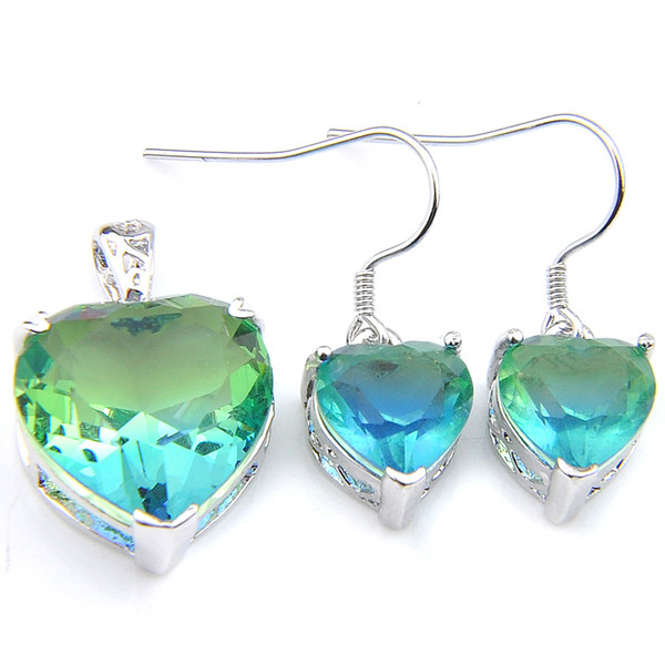 Luckyshine Wedding Set Heart Earring Pendants Bi colored Tourmaline Crystal Zircon Solid Bride Dangle Earring Pendants