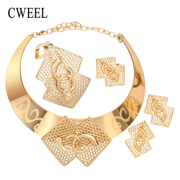 CWEEL Jewelry Sets Women Fashion African Jewelry Set Party Gold Color Choker Costume Jewellery Vintage Flower Necklace Set