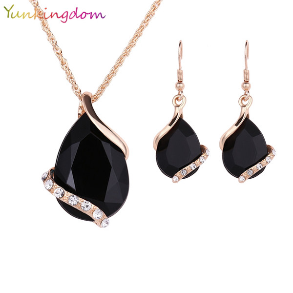 whole saleYunkingdom Black Crystal Earrings Necklaces Sets Gold Color Jewelry Sets for Women Geometric Design Wedding Jewelry