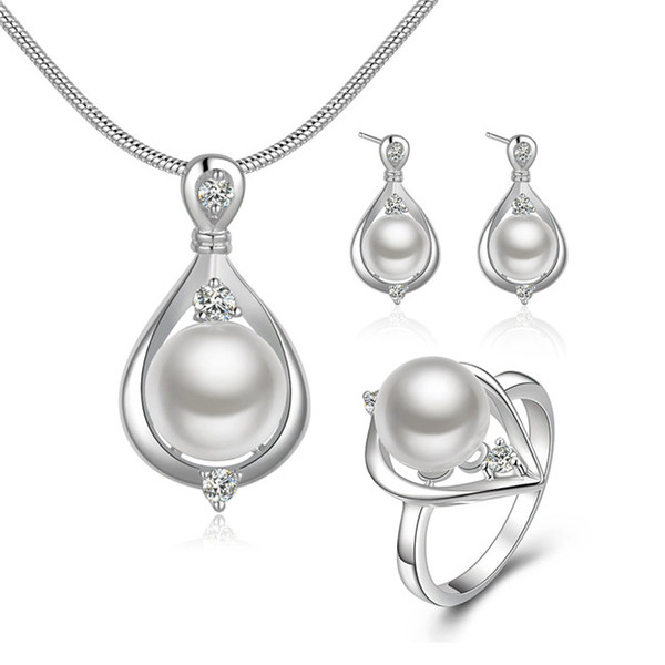 Fashion Jewelry Set Zircon 925 sterling silver pearl necklace earrings rings classic wedding gift for woman free shipping