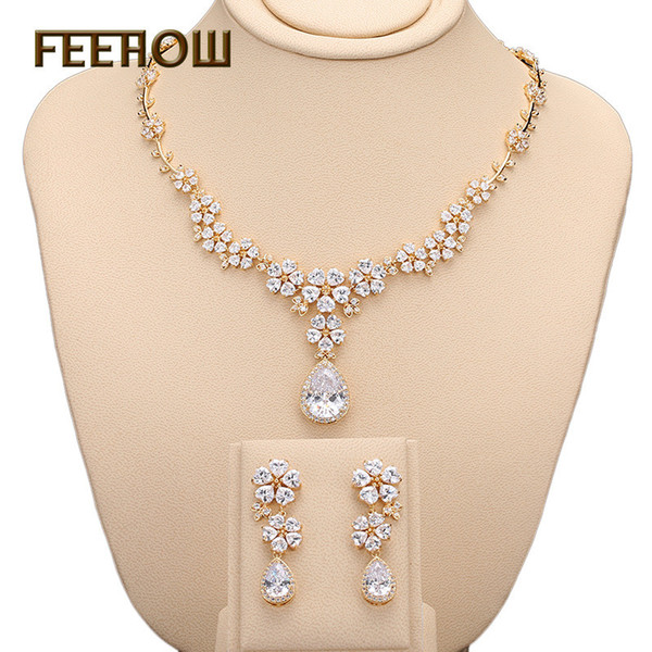2019 Europe and America High grade women's copper Inlay Zircon Necklace Earrings Set bride Wedding jewelry set Luxury jewelry wholesale