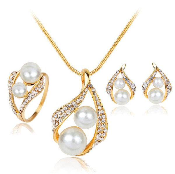 Women Party Jewelry Set Pearl Crystal Pendant necklace Wedding Ring Earrings Set Gold Plated Bride Bridesmaid Wedding Jewelry