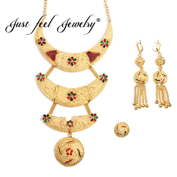 JUST FEEL Luxury Golden Jewelry Sets Wedding Indian Arab Dubai Crystal Large 3 Layer Necklace Tassel Earrings Ring Set For Women