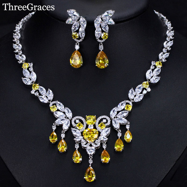 ThreeGraces Hot Selling Luxury Water Drop Shape Yellow Color Cubic Zirconia Wedding Party Necklace Jewelry Sets For Brides JS259