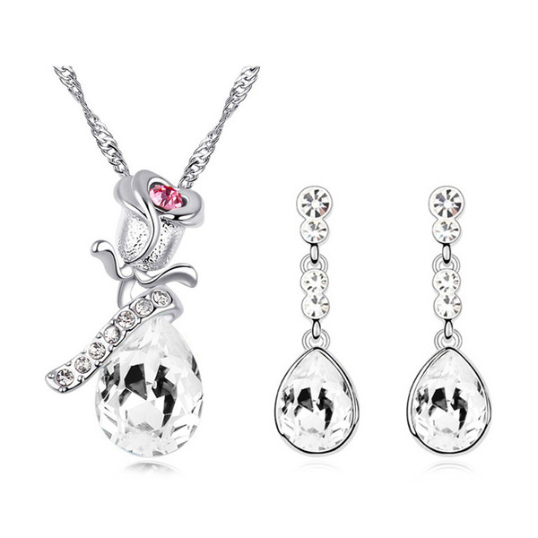 rose flower lover birthday gifts women girl 18KGP Austrian Crystal charm Pendant chain necklace earrings Jewelry Sets 80134