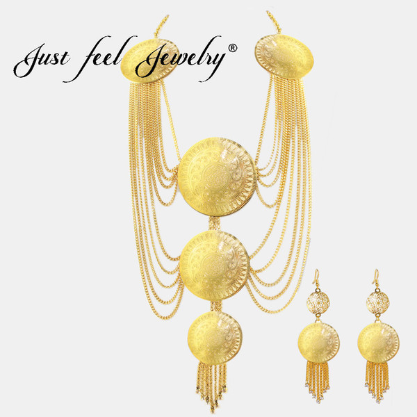 JUST FEEL Crystal Round Copper Jewelry Sets For Women Multilayers Chain Gold Color Necklace Earrings Dubai African Wedding Sets