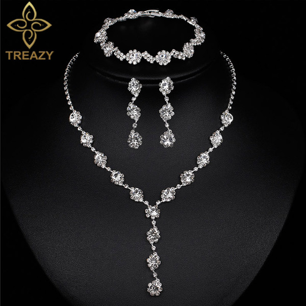 wholesale Elegant Geometric Crystal Bridal Jewelry Sets Rhinestone Long Necklace Earrings Bracelet Wedding Jewelry Sets for Women