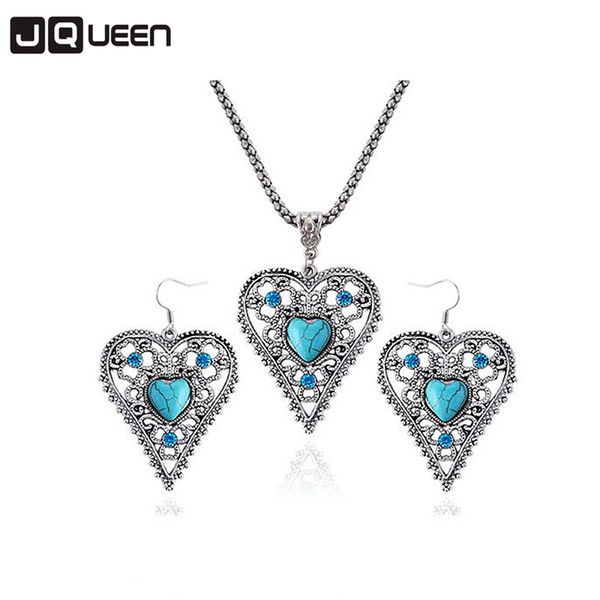 Vintage Bohemia Class Antique Silver Plated Heart Green Stone Stone Earrings Necklace Women Jewelry Set Wholesale