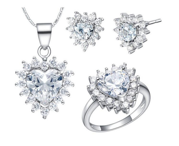 2018 Women fashion Wedding Jewelry Set platinum plated white heart crystal pendent necklace earrings ring set bride sexy accessory 1 set