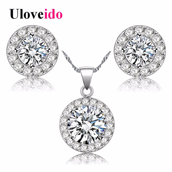 Uloveido Fashion Crystal Jewelry Set Necklace and Earrings for Women Silver Color Jewelry Sets New Year Gifts for Girls JST001