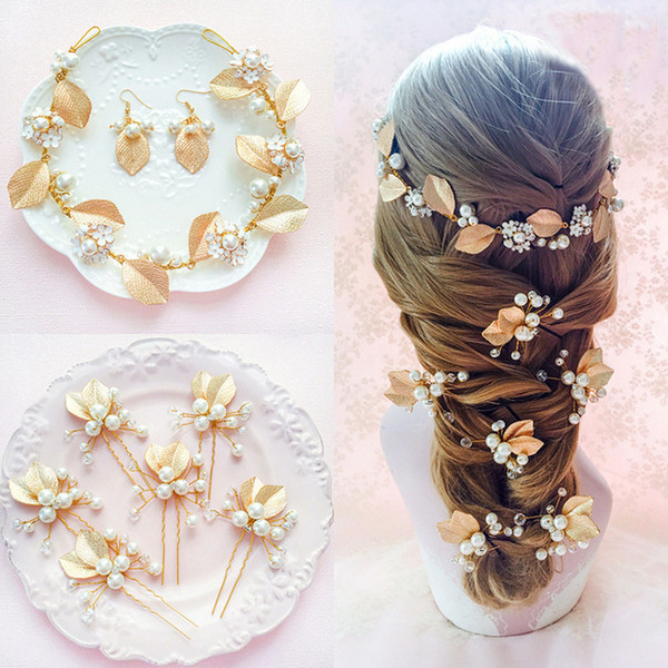 2017 Wedding Bride Jewelry Sets Gold Leaf Shape with Pearls Crystal Hair Bob Headbands Woman's Hairpin Earrings for Party Formal Occasion