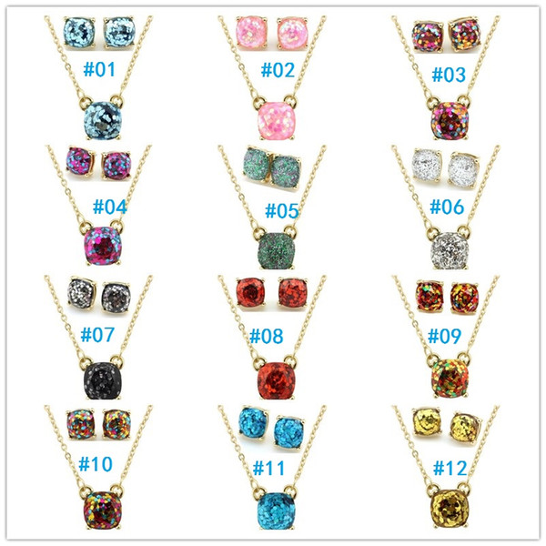 Fashion rainbow Gold Small Square dot Opal Glitter Necklace Earrings Sets for Women Classic Brand Square Choker Jewelry Sets Wholesale