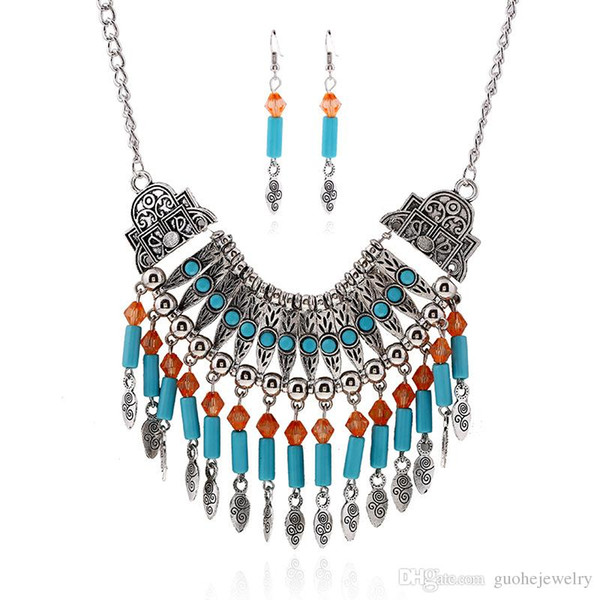 Fashion necklace earring sets Bohemian water-drop tassel necklace earrings sets exaggerated alloy necklace earrings set free shipping